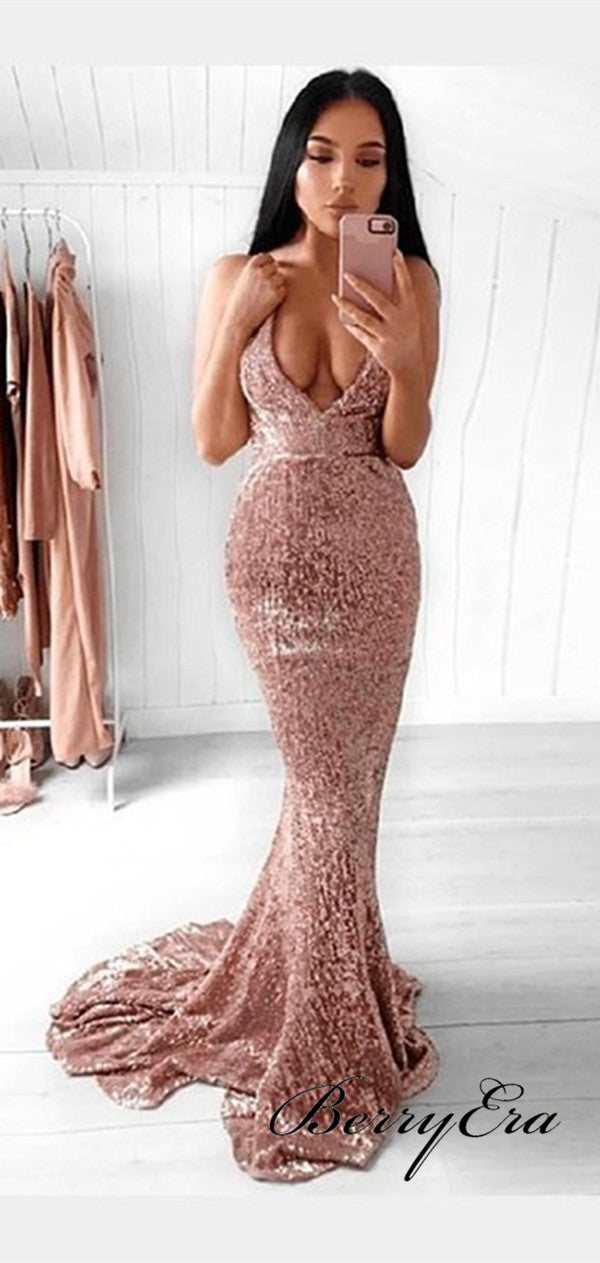 Sequins Deep V-neck Sexy Prom Dresses, Mermaid Cheap Prom Dresses