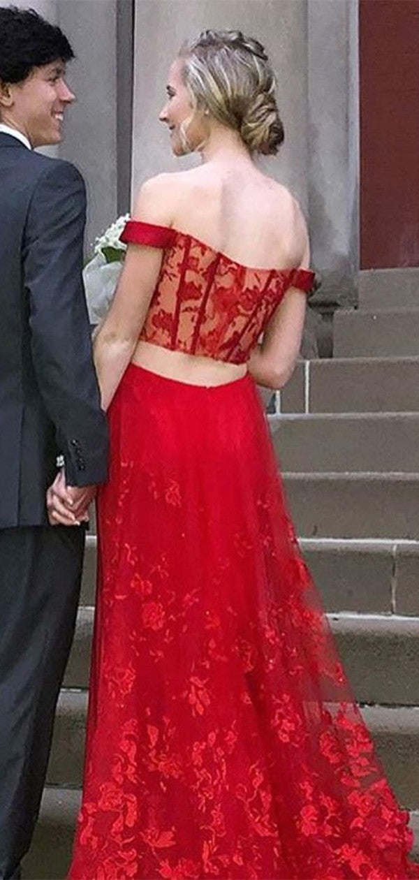 Red Off Shoulder Appliques Prom Dress, Sexy Evening Dress, Lace Long Prom Dresses