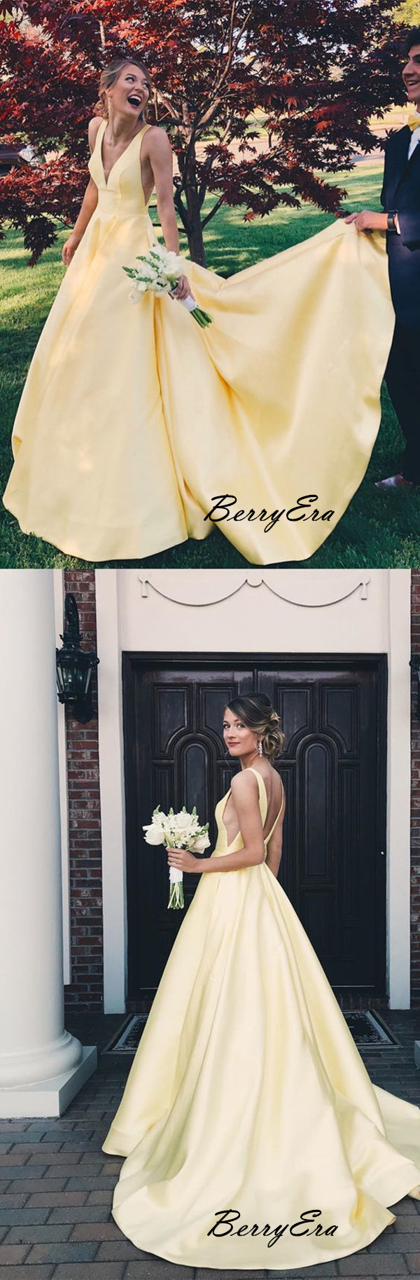 V-neck A-line Bright Yellow Color Prom Dresses, Satin Prom Dresses, Cheap Prom Dress