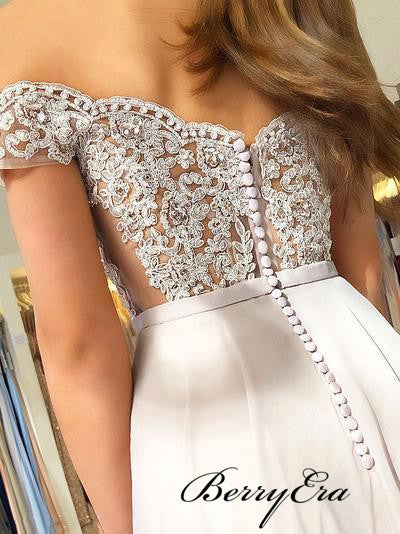 Off Shoulder Grey Lace Beaded Prom Dresses, Long Prom Dresses