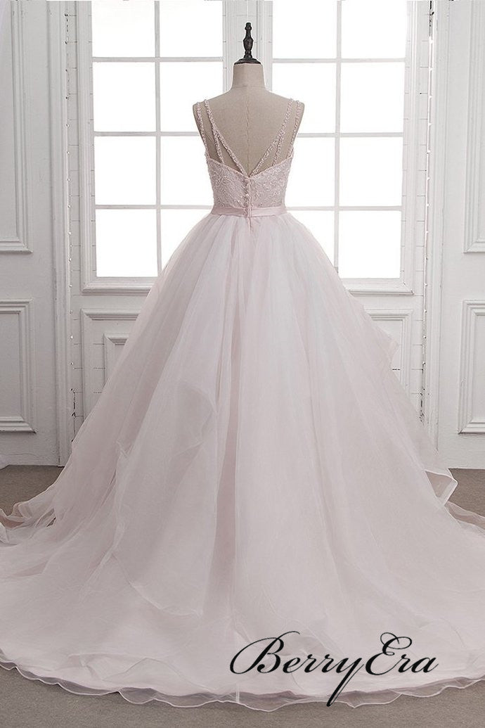 Spaghetti A-line Tulle Lace Wedding Dresses, Elegant Wedding Dresses, Bridal Gown