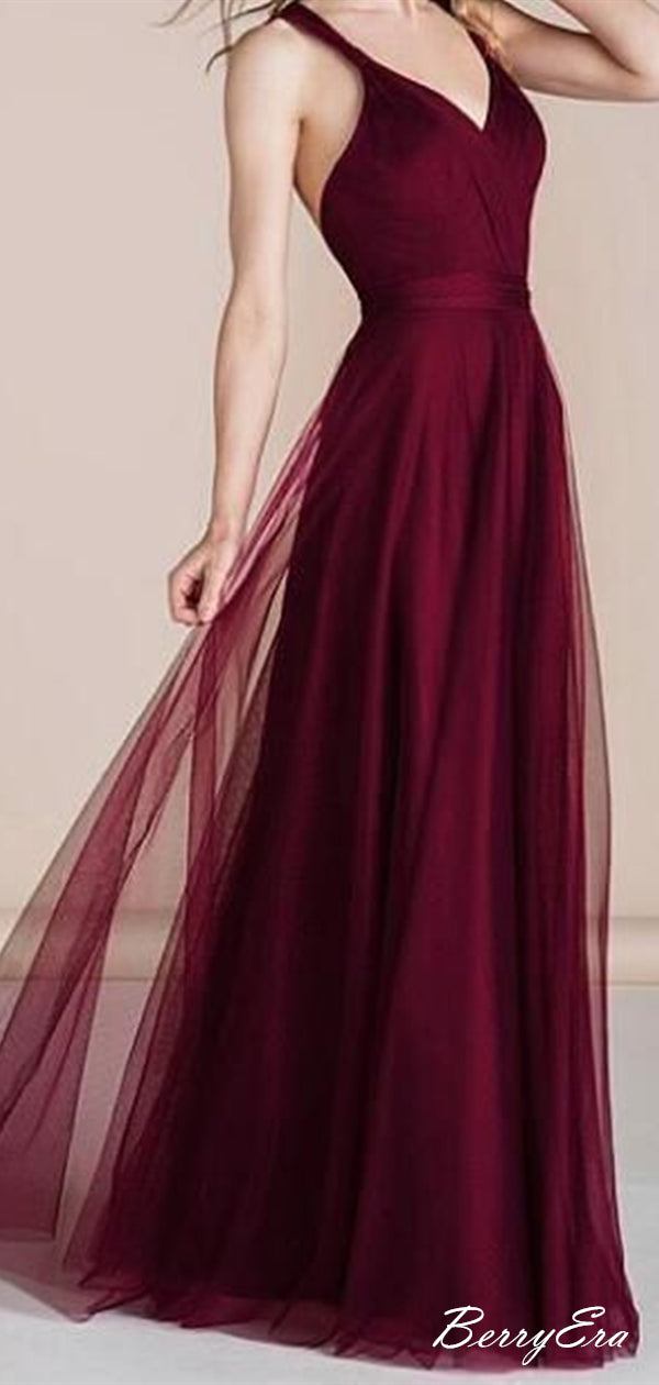 Spaghetti Custom Simple Design Burgundy A-line Prom Dresses, Cheap Prom Dresses