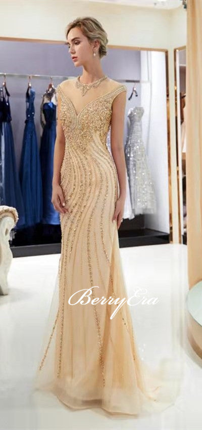 Luxury Champagne Gold Beaded Long Mermaid Sparkle 2020 Prom Dresses, New Arival Prom Dresses