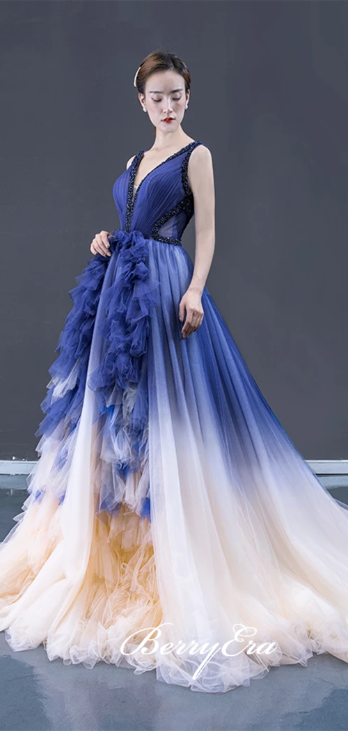 V-neck Long A-line Gradient Royal Blue Tulle Prom Dresses, Beaded Prom Dresses, 2020 Prom Dresses