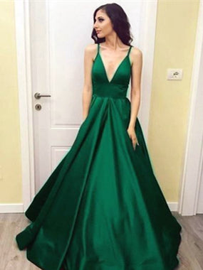 Spaghetti Long A-line Green Satin Prom Dresses