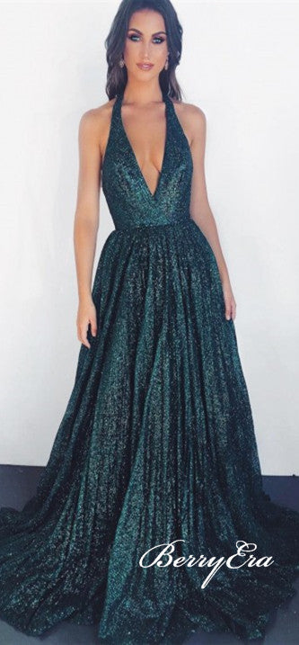 V-neck Long A-line Green Sequin Prom Dresses, Sparkle Prom Dresses, Popular Prom Dresses