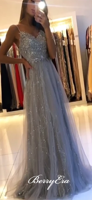 Spaghetti Long A-line Grey Lace Beaded Prom Dresses, Shiny Sequin Prom Dresses, 2020 Prom Dresses