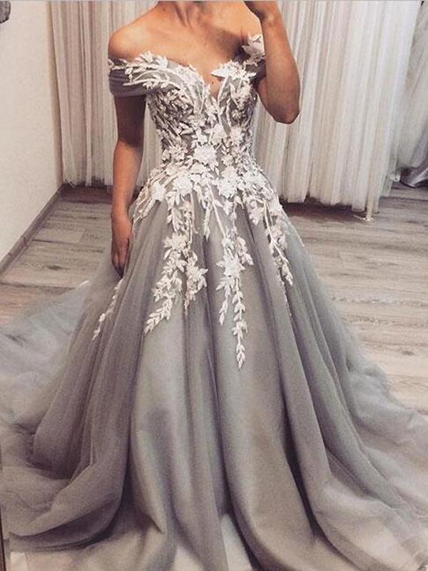 Off Shoulder Long A-line Grey Tulle Lace Prom Dresses