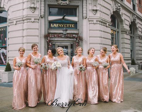 V-neck Long A-line Sequin Bridesmaid Dresses, Shiny Bridesmaid Dresses