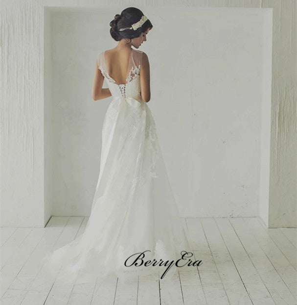 Elegant Sleeveless Lace Tulle Wedding With Beaded Belt