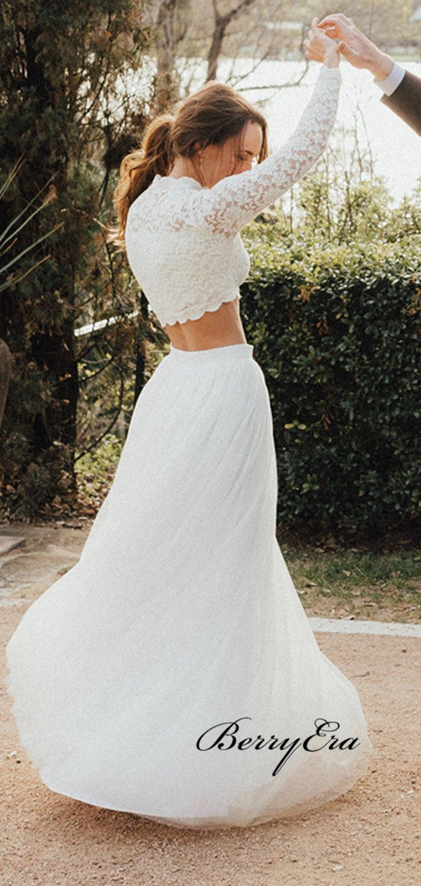 Lace Top Wedding Dresses, Long Sleeves Wedding Dresses, 2 Pieces Wedding Dresses