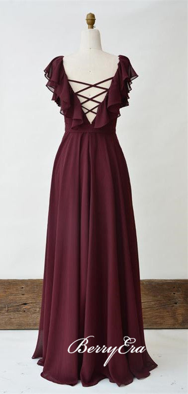 Lovely Cap Sleeve Maroon Chiffon A-line Long Bridesmaid Dresses