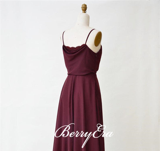 Spaghetti Maroon Long A-line Chiffon Lace Bridesmaid Dresses