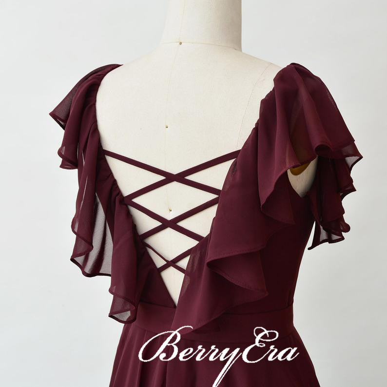 Lovely Cap Sleeve Maroon Chiffon A-line Long Bridesmaid Dresses