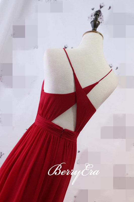 Red Chiffon Long A-line Bridesmaid Dresses, Popular Bridesmaid Dresses