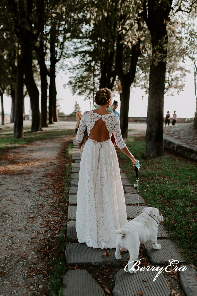 Half Sleeves A-line Lace Wedding Dresses, Open Back Wedding Dresses