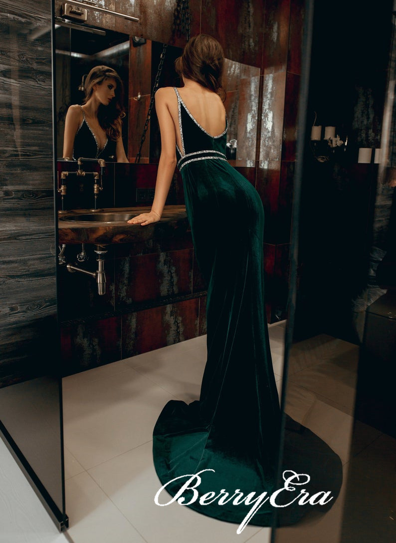 Straps Long Mermaid Emearld Green Prom Dresses, Velvet Long Mermaid Prom Dresses, Prom Dresses