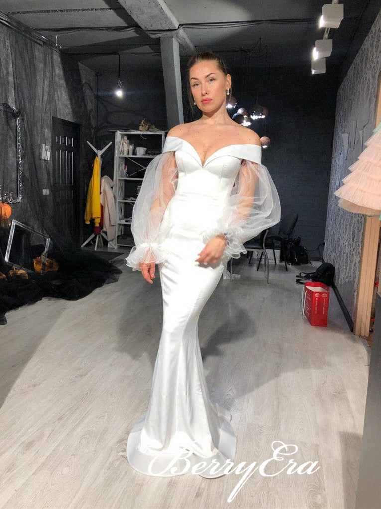 Off Shoulder Long Mermaid White Prom Dresses, Mermaid Elastic Satin Prom Dresses, Long Sleeves Prom Dresses, Prom Dresses