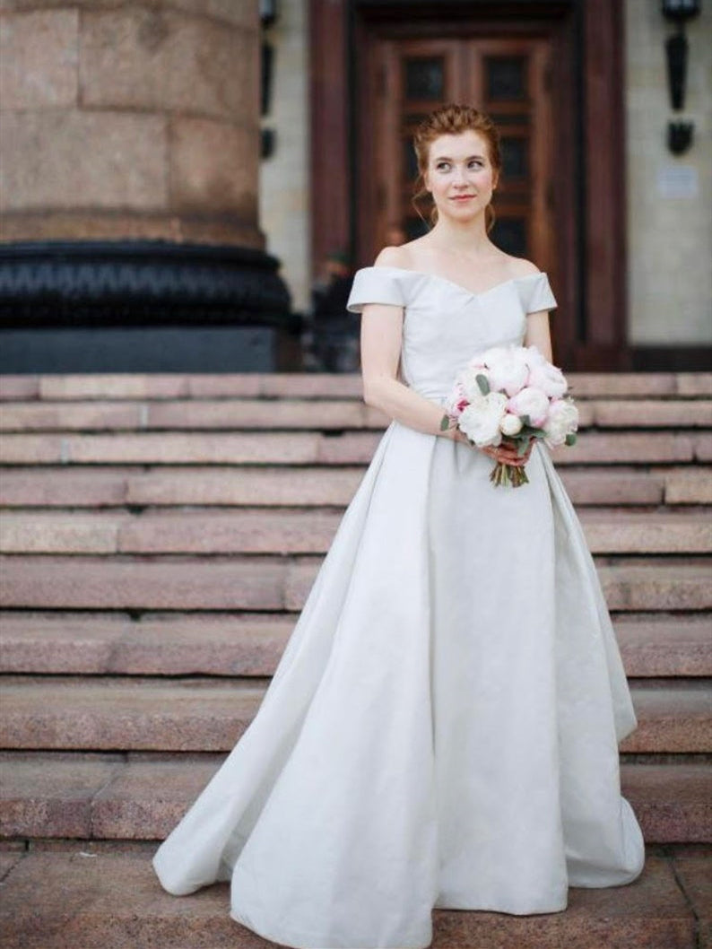 Off Shoulder Long A-line Ivory Satin Beaded Wedding Dresses, Elegant Long Wedding Dresses, Bridal Gown