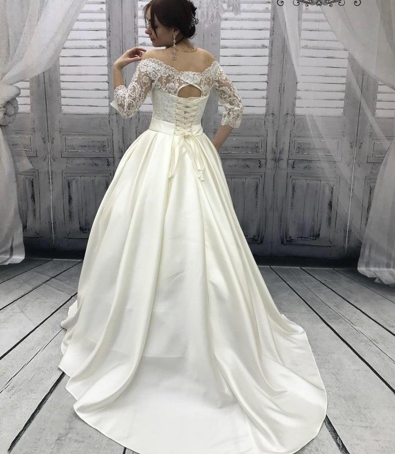 Off Shoulder 3/4 Sleeves Ivory Lace Satin Wedding Dresses, Long Wedding Dresses, Newest Wedding Dresses