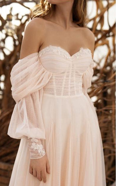 Off Shoulder Blush Pink Boho Wedding Dresses, A-line Wedding Dresses, 2021 Wedding Dresses