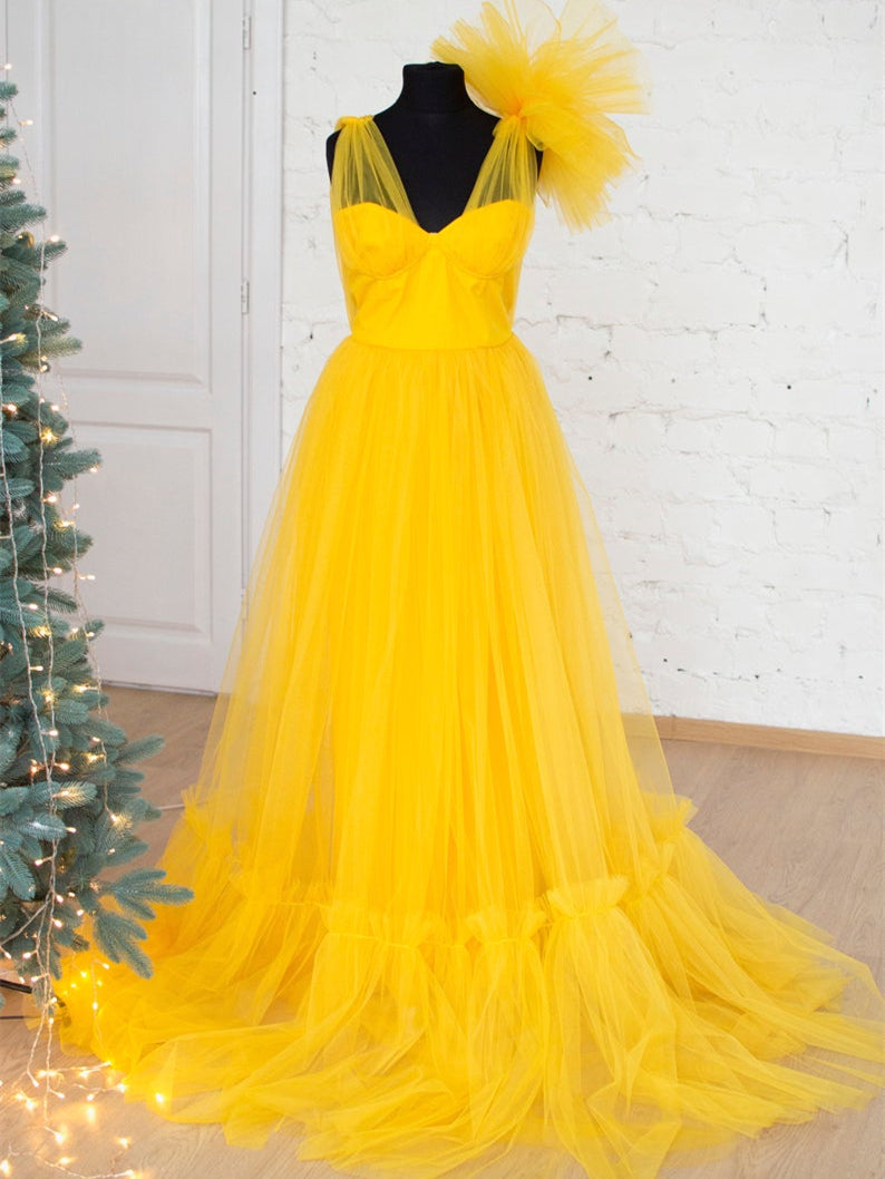 Lovely Bright Yellow Tulle Prom Dresses, A-line Prom Dresses, Newest Prom Dresses, 2021 Prom Dresses