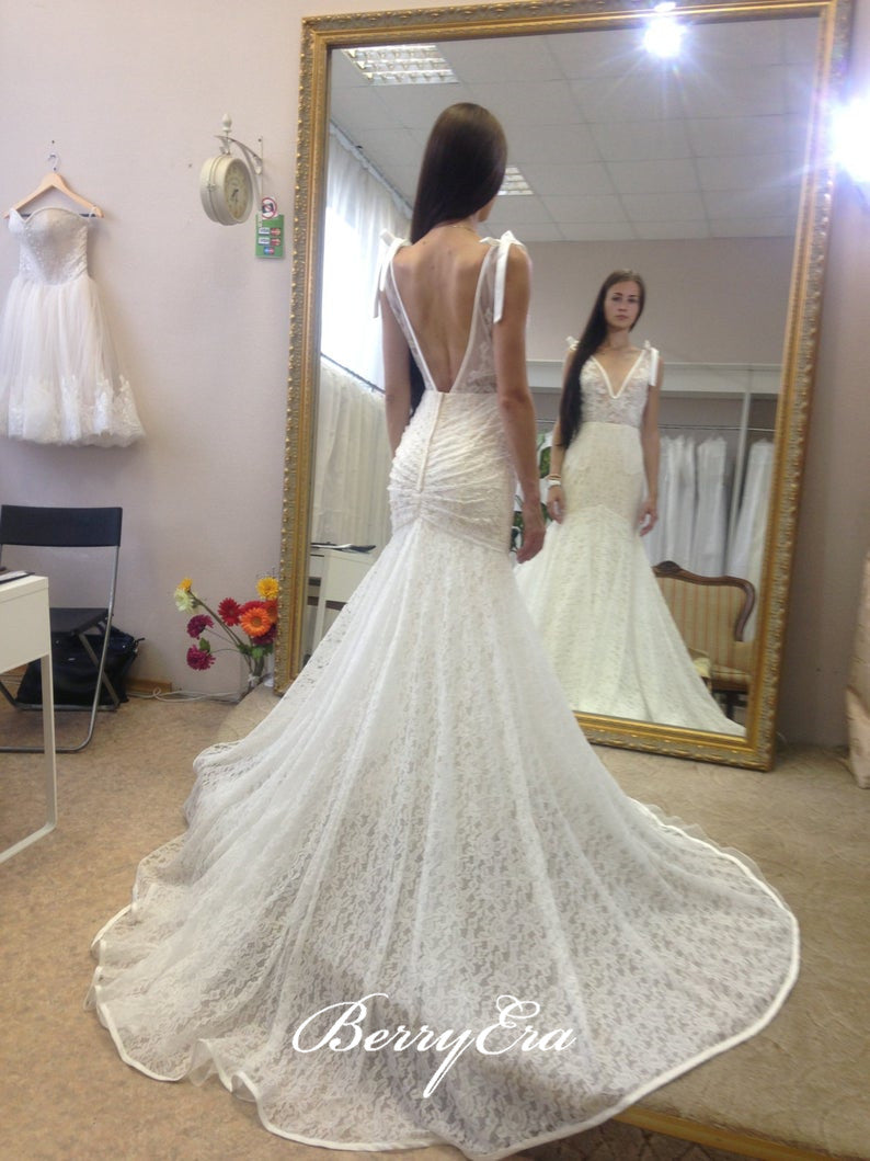 V-neck Long Mermaid Lace Wedding Dresses, Long Wedding Dresses