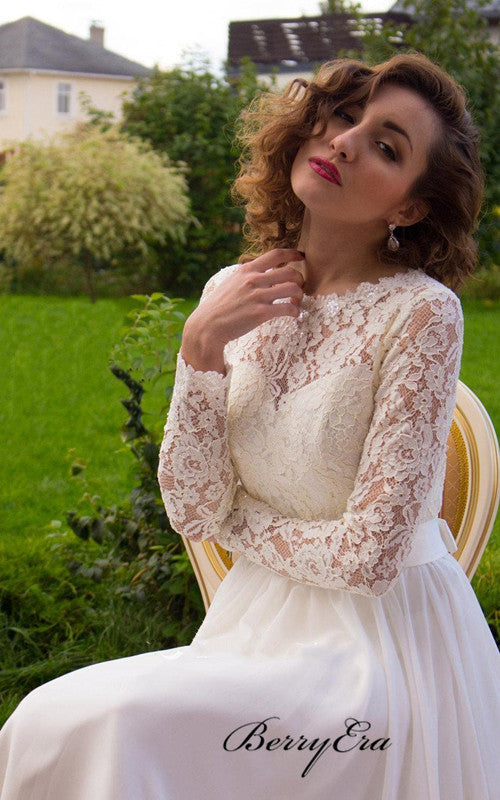 Lace Long Sleeves Wedding Dresses, A-line Chiffon Wedding Dresses, Bridal Gowns