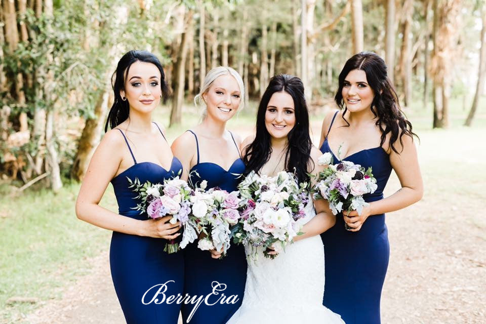 Spaghetti Navy Mermaid Jersey Bridesmaid Dresses, Long Bridesmaid Dresses