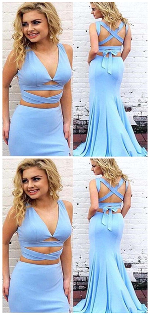 Two Pieces Blue V-Neck Crisscross Back Long Mermaid Prom Dresses