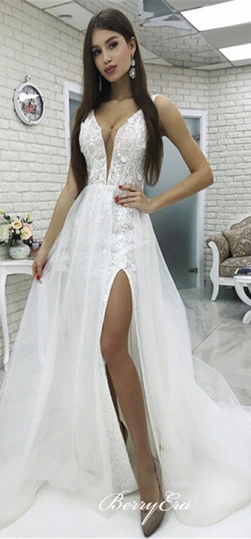 V-neck Lace Tulle Side Slit Long Wedding Dresses, Simple Bridal Gown