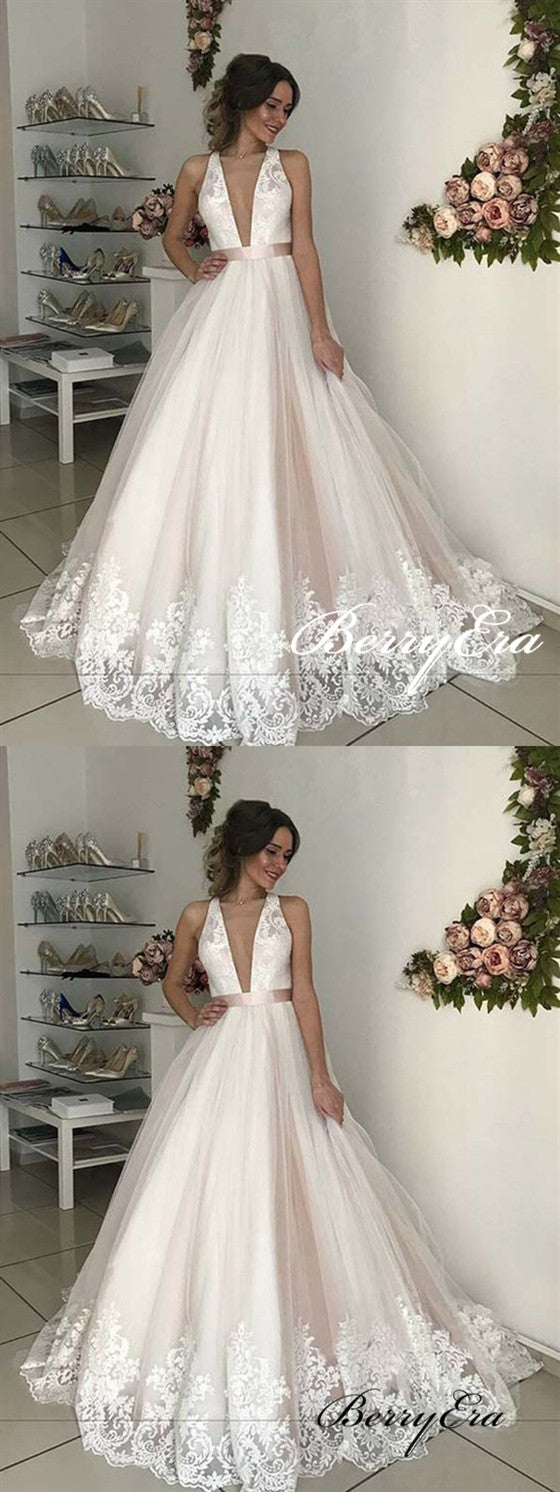 Deep V-neck Lace Tulle Long Wedding Dresses