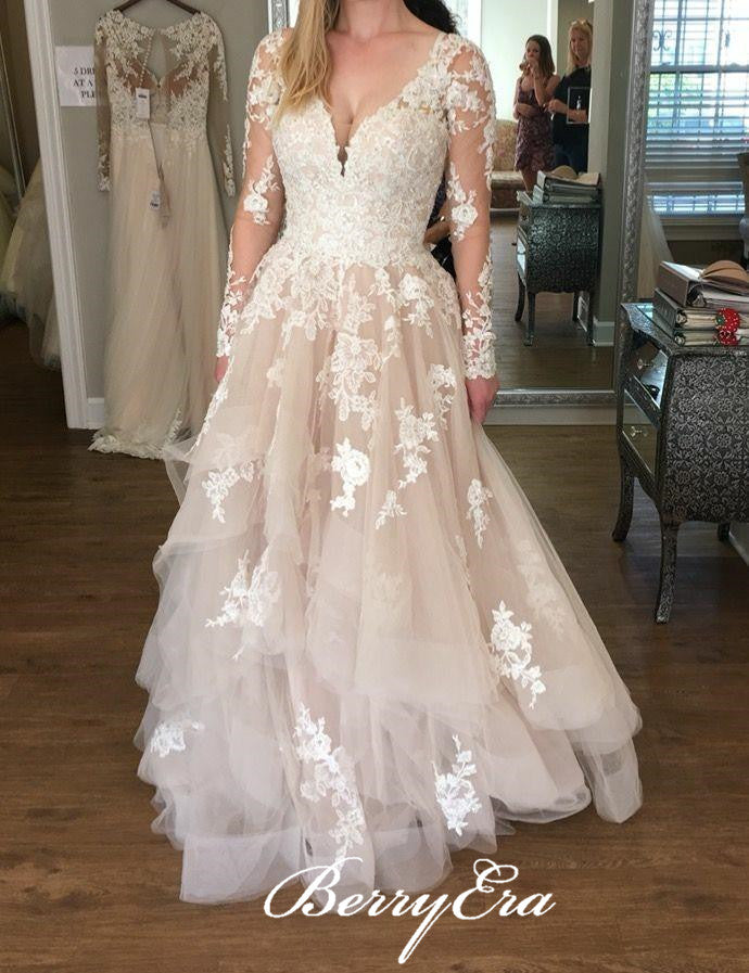 Long Sleeves Blush Lace Tulle A-line Wedding Dresses With Beaded Belt