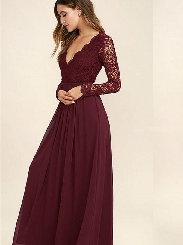 V-neck Long Sleeves Lace Chiffon Bridesmaid Dresses, Cheap Bridesmaid Dresses