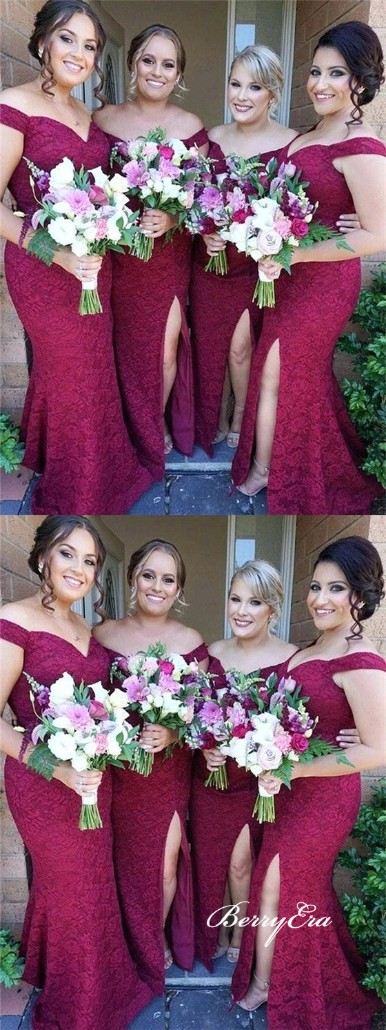 Off Shoulder Long Mermaid Lace Bridesmaid Dresses, Side Slit Bridesmaid Dresses