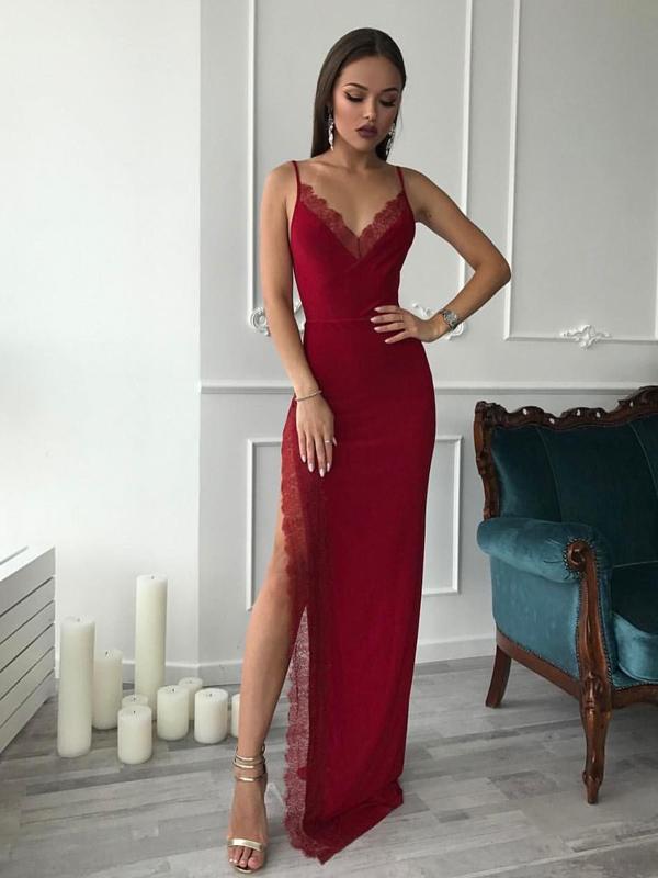 Spaghetti Long Sheath Side Slit Lace Jersey Prom Dresses