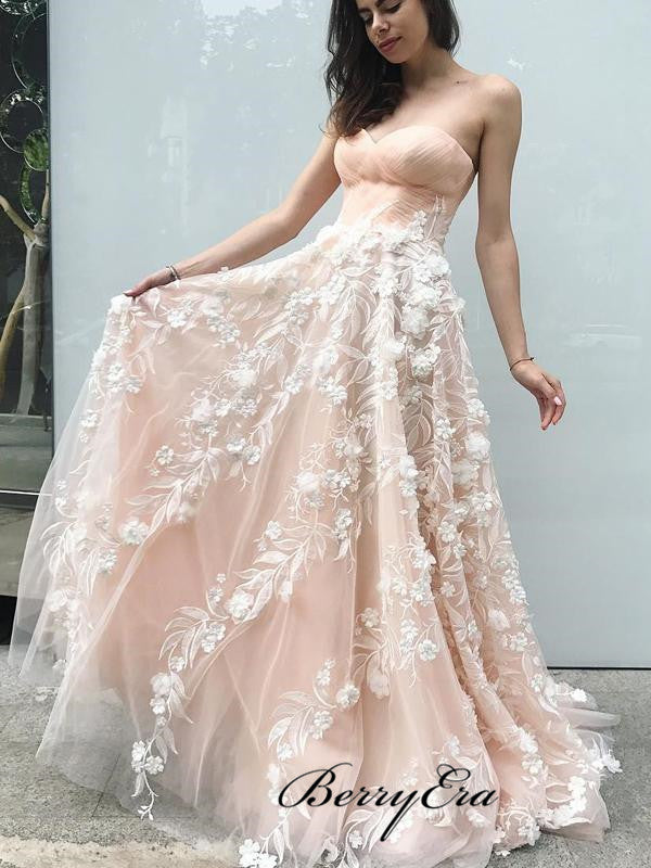 2019 Newest Strapless 3D Flower Prom Dresses, Elegant Long Prom Dresses