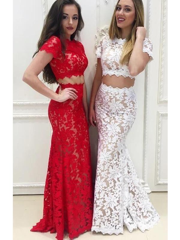 2 Pieces Lace Mermaid Cap Sleeves Prom Dresses