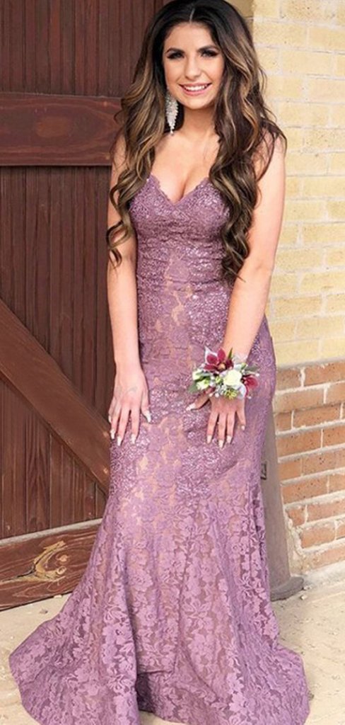 V-neck Lace Mermaid Long Prom Dresses