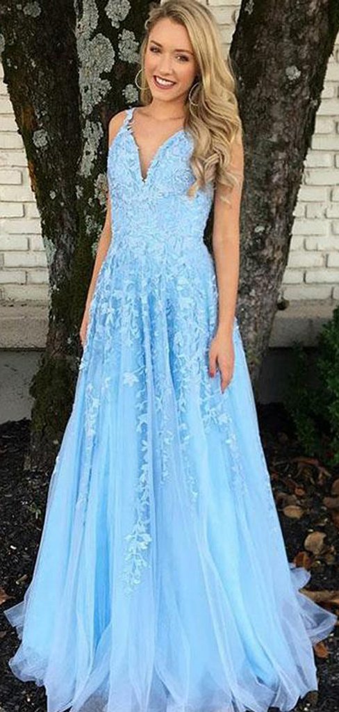 V-neck Blue Lace Tulle Long A-line Prom Dresses