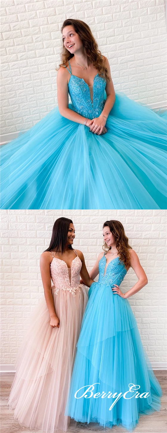 Lovely Lace Top Tulle Long Prom Dresses, Newest Prom Dresses, Popular Prom Dresses