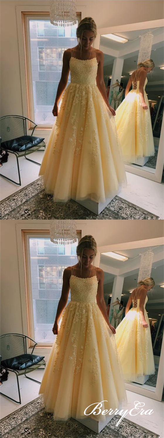 Lovely Yellow Lace Long A-line Prom Dresses, Lace Up Prom Dresses, Prom Dresses
