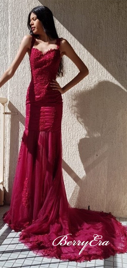 Straps Burgundy Long Prom Dresses. Mermaid Lace Tulle Prom Dresses, Popular Prom Dresses