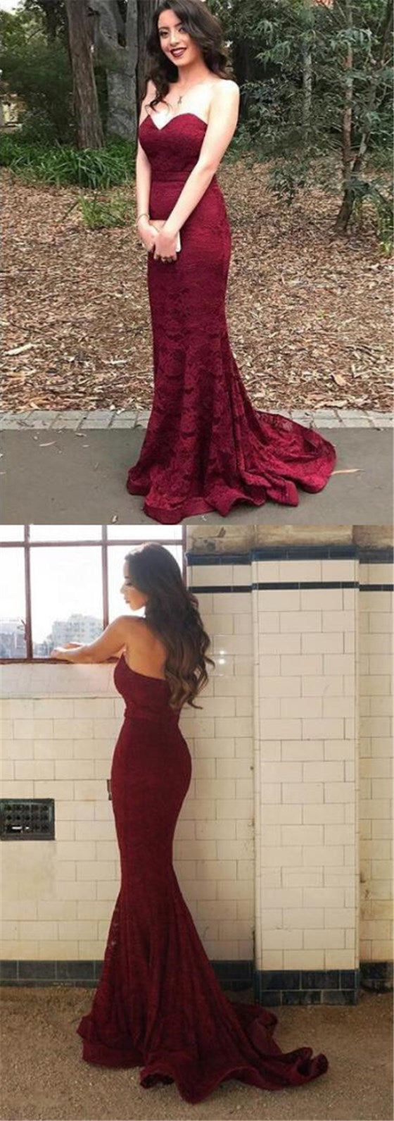 Sweetheart Dark Red Lace Mermaid Prom Dresses