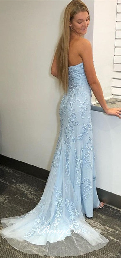 Strapless Long Mermaid Light Blue Lace Tulle Prom Dresses, Side Slit Prom Dresses, 2020 Prom Dresses, Long Prom Dresses