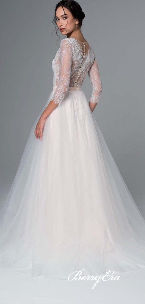 V-neck Lace Top A-line Tulle Wedding Dresses, Country Wedding Dresses, Long Bridal Gown