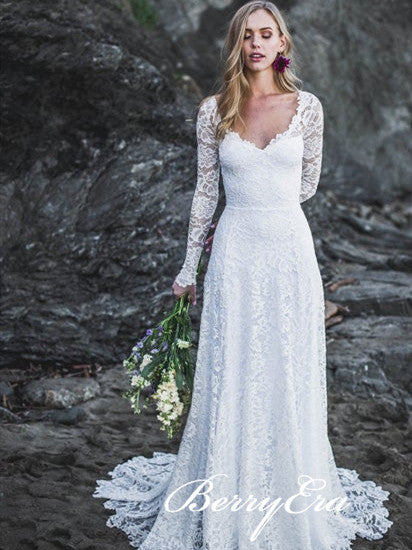 V-neck Long Sleeves Lace Wedding Dresses, Open Back Wedding Dresses, Beach Wedding Dresses