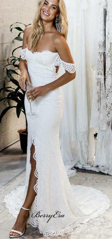 Off Shoulder Front Slit Long Mermaid Lace Wedding Dresses