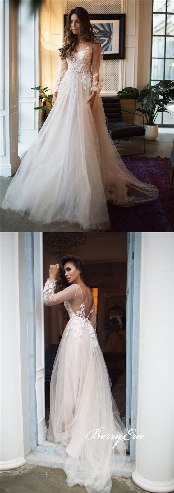 Long Sleeves Lace Tulle Long Wedding Dresses