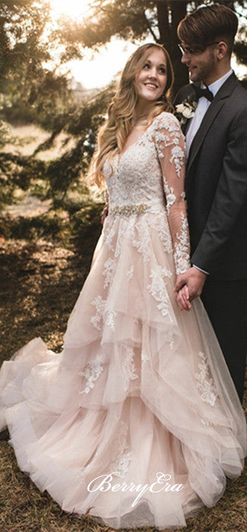 Long Sleeves Blush Lace Tulle A-line Wedding Dresses With Beaded Belt